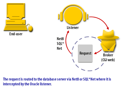 The request is routed to the database server via Oracle Network Services where it is intercepted by the Oracle listener