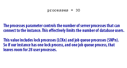 6) The process parameter controls the number of server processes that can connect to the instance. This effectively limits the number of database users. This value includes lock processes (LCKn) and job queue processes (SNPn). So if your instance has one lock process, and one job queue process, that leaves room for 28 user processes.