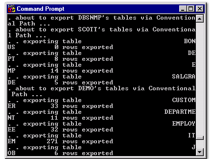 3) Displays the SCOTT AND DEMO tables being exported