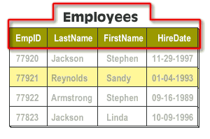 Employees table containing 1) primary key EmpID 2) fields a) LastName, b) FirstName, c)HireDate