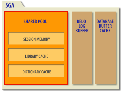 Shared pool consisting of 1) Session Memory 2) Library Cache 3) Dictionary Cache