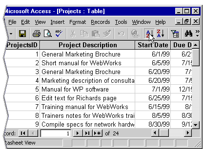 Then click either the Sort Ascending or Sort Descending to sort the datasheet