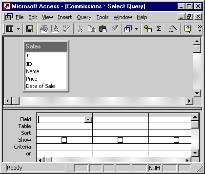 In order to create a calculated Commissions field I first create a new query that contains the Sales table.