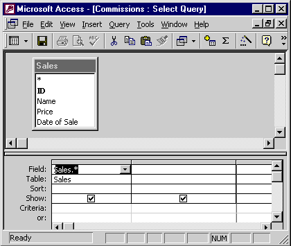 In order to see all the fields in the Sales table, I double-click the asterisk(*) in the table box, this tells Access to display all fields from the Sales table in the query datasheet