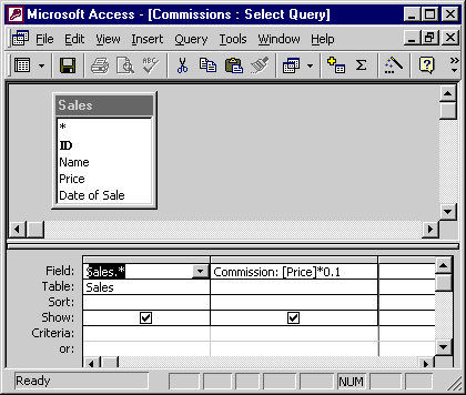 Type the expression for the new field into the Field row of the first empty column. The expression is in this form: <br>
  New Field Name: expression. Notice that instead of an =(equal sign), a : (colon) is used, this is required in query expressions.