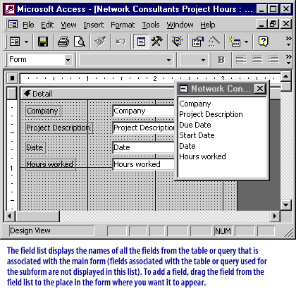 1) The field list displays the names of all the fields from the table or query that is associated with the main form