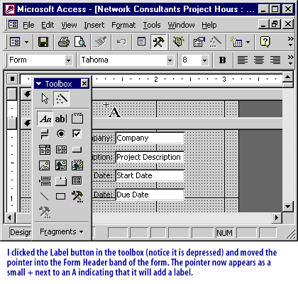 2) Click the Label button in the toolbox and move the pointer into the Form Header band of the form
