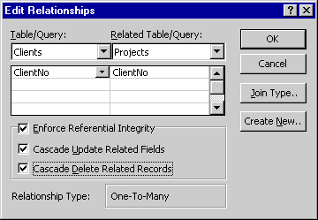 Edit Relationship options including 1) Enforce Referential Integrity 2) Cascade Update Related Fields