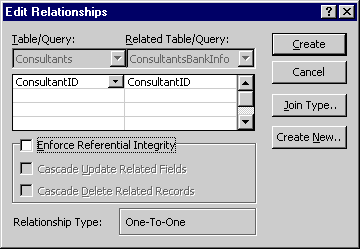 Edit Relationships dialog consisting of 1) Table/Query and 2) Related Table/Query