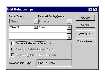 The Edit Relationships dialog appears. Access sees the primary key in the Clients table, the foreign key in Projects, and knows this is a one-to-many relationship