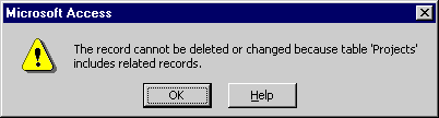 The record cannot be deleted or changed because table 'Projects' includes related records