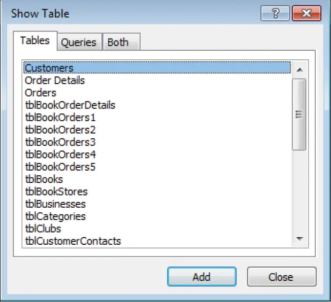 Double-click a table name to add it to the Relationships window.
