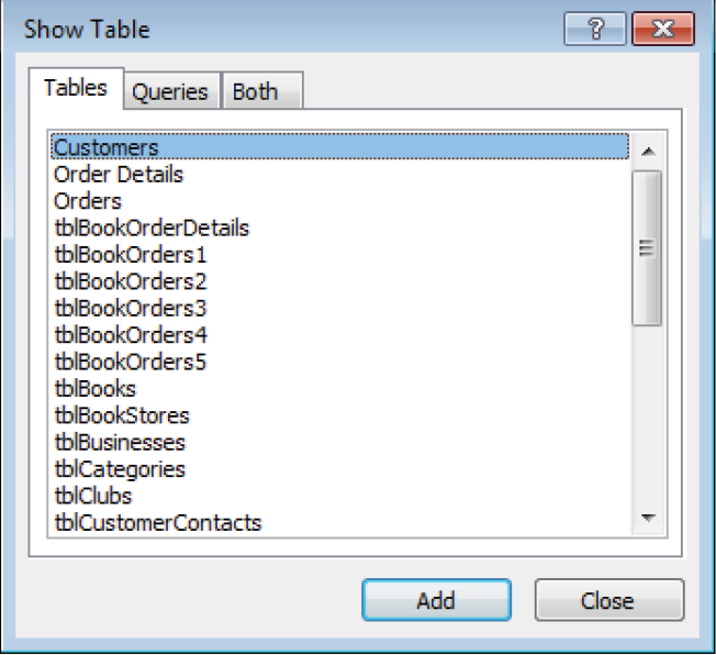 Double-click a table name to add it to the Relationships window.