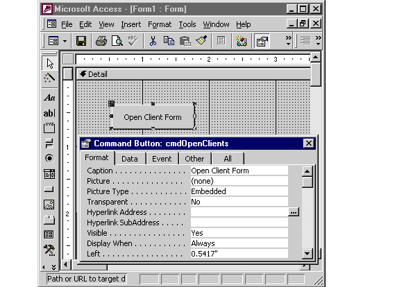 Here is the command button, called cmdOpenClientForm, with its property sheet open.