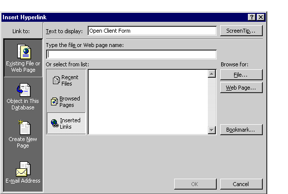 This is the default view pof the Insert Hyperlink dialog. It is set up to specify a hyperlink to  a web page. However, in this demonstration we will bge opening an object in the database.