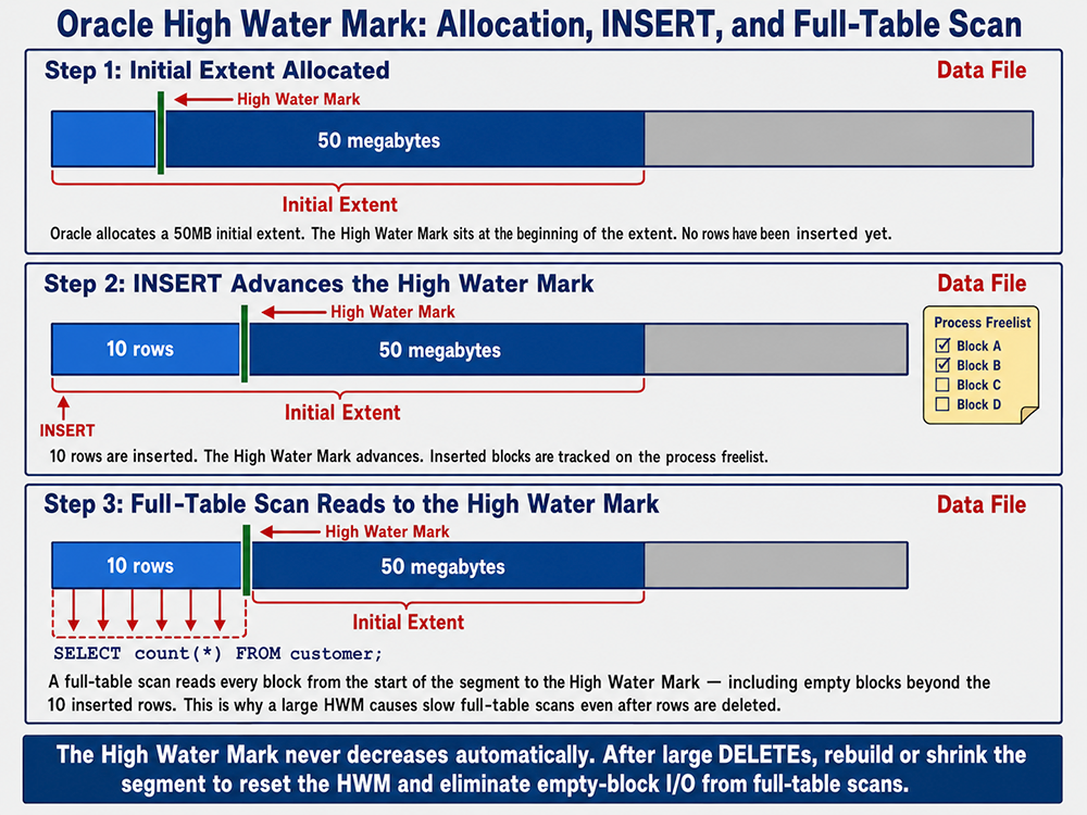 Oracle high water mark progression: initial extent allocation, INSERT advancing the HWM with
   rows on the process freelist, and a full-table scan reading all blocks up to the HWM including
   empty blocks.