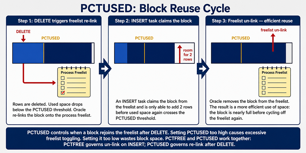PCTUSED block reuse cycle: DELETE drops used space below PCTUSED threshold, Oracle re-links the block
   onto the freelist, an INSERT fills it again, then Oracle performs a freelist un-link for efficient space reuse.