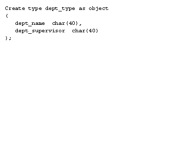 1) First we create an object type called dept_type that holds the department column definitions dept_name and dept_supervisor