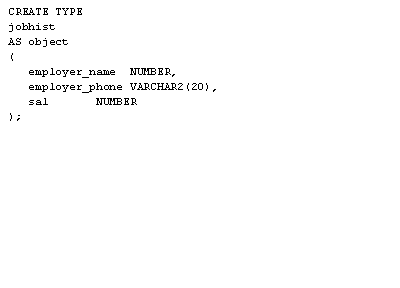 1) Create a data type called jobhist that contains the previous employers name and phone number, and the salary of the employee.