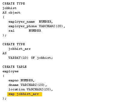 3) We create our employee table, specifying a column called 'emp'. As we see, the emp colum is of the datatype jobhist_arr.