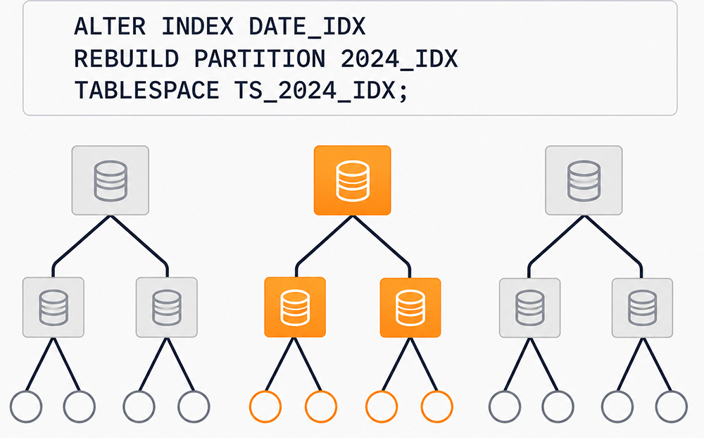 ALTER INDEX DATE_IDX REBUILD PARTITION 2024_IDX TABLESPACE TS_2024_IDX — the center
   partition tree is highlighted in orange showing it is being rebuilt while the left and right
   partition trees remain in gray indicating they continue to service queries.