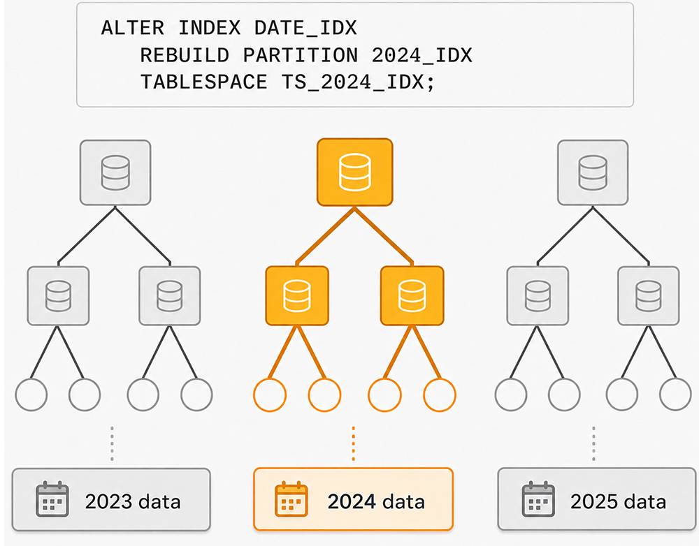 ALTER INDEX DATE_IDX REBUILD PARTITION 2024_IDX — three index partition trees shown with
   the center 2024 partition tree highlighted in orange, connected by dotted lines to data
   partitions labeled 2023, 2024, and 2025 at the bottom.