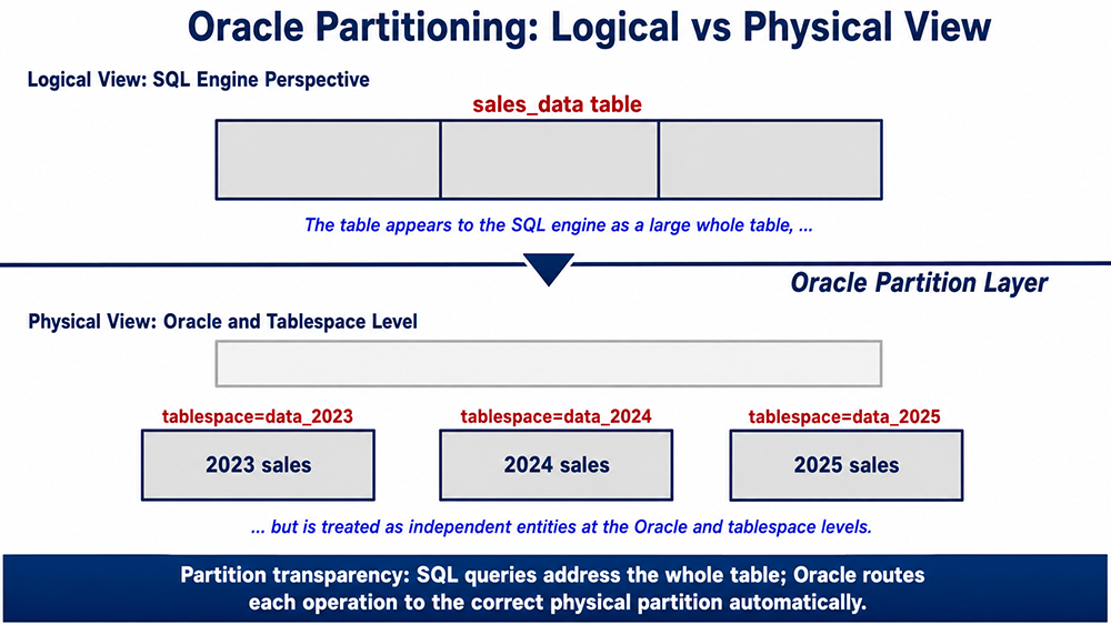 Oracle partitioning logical versus physical view: the sales_data table appears as a single whole table to
   the SQL engine but is stored as independent partition segments in separate tablespaces — data_2023, data_2024,
   and data_2025.