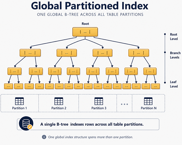 Global partitioned index conceptual architecture: a single B-tree spanning all table partitions from one root, with Root Level, Branch Levels, and Leaf Level labeled, pointing
to Partition 1 through Partition N at the bottom.
