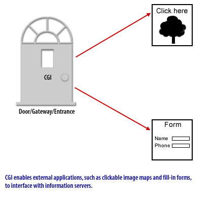 CGI enables external applications, such as a clickable image maps and fill-in forms, to interface with information servers 