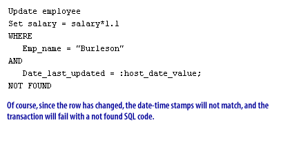 Of course, since the row has changed, the date-time stamps will not match, and the transaction will fail with a not found SQL code.