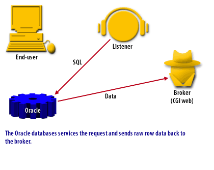 The Oracle database services the request and sends raw row data back to the broker.