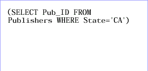2) This is the sub-SELECT statement. The Publishers table is queried first to return results from this sub-SELECT statement.