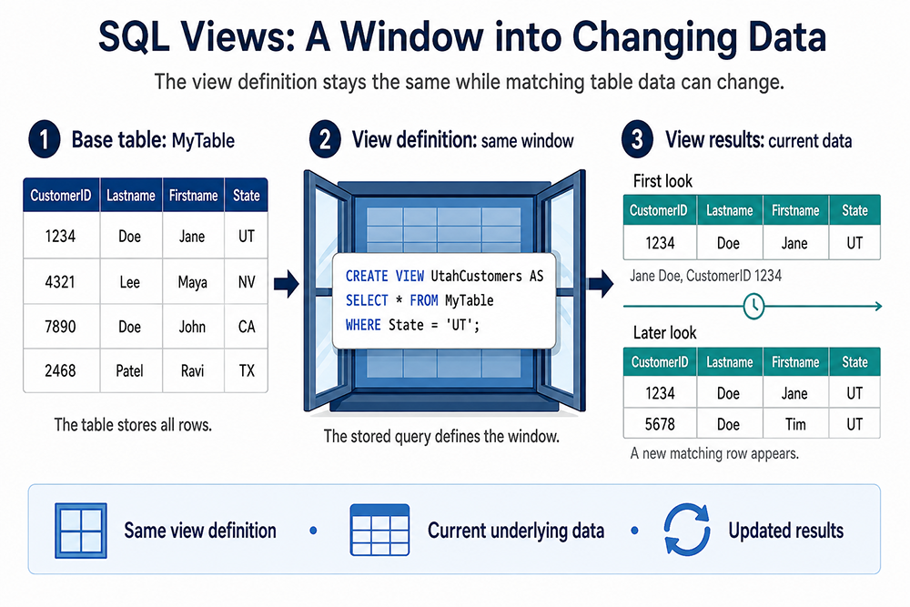 A view acting as a stable window onto changing data: a base table's columns, the SELECT statement that defines the view's window, and two snapshots through that same window showing different rows as the underlying data changes