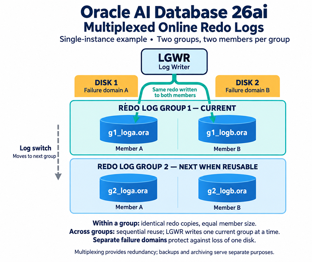 Two online redo log groups with two members each; LGWR writes both members of current group 1 across separate failure domains.