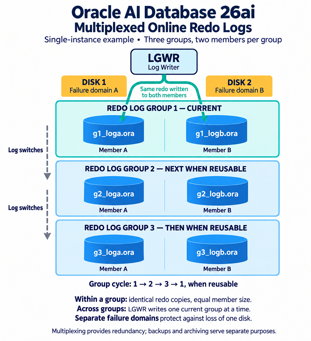 Three online redo log groups with two members each across two failure domains, showing switches from group 1 to 2 to 3 and back to 1.