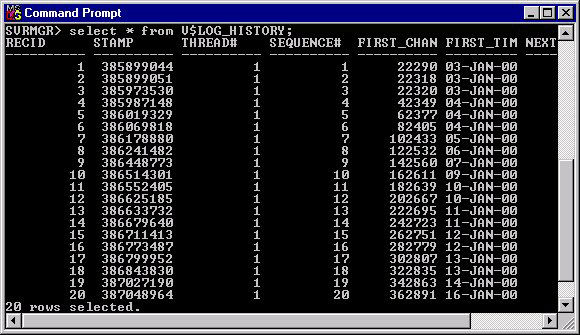 V$LOGHISTORY in Oracle.