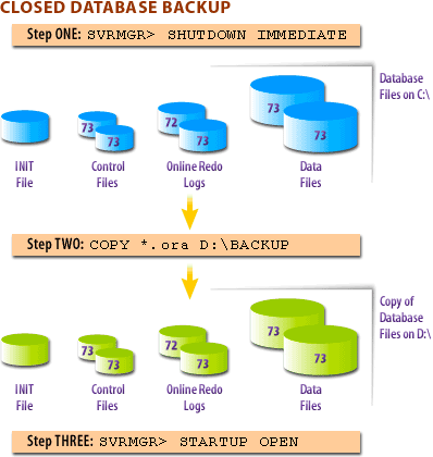 Closed database backup in Oracle: 1) SHUTDOWN IMMEDIATE 2) COPY 3) STARTUP OPEN