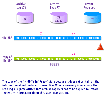 5) The copy of the file.dbf is in a fuzzy state because it does not contain all the information about the latest transaction . When a recovery is necessary, the redo log #77 (now written into Archive Log #77) has to be applied to restore the entire information about this latest transaction.