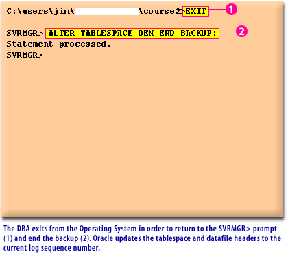 10) DBA exits from the Operating System in order to return to the SQL*PLUS prompt (1) and end the backup (2). Oracle updates the tablespace and datafile headers to the current log sequence number.