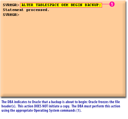 6) DBA indicates to Oracle that a backup is about to begin: Oracle freezes the file header(s). This action DOES NOT initiate a copy. The DBA must perform this action using the appropriate Operating System commands (1).