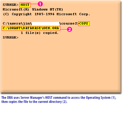 7) The DBA uses Server Manager's HOST command to access the Operating System (1), then copies the file to the current directory (2).