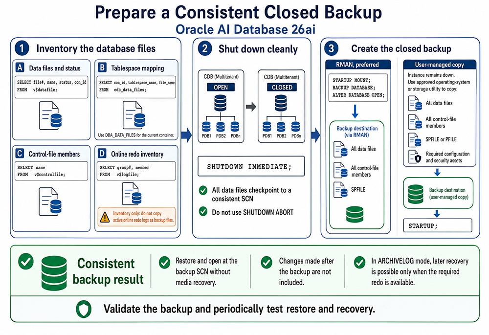 Oracle 26ai workflow for inventorying database files, shutting down cleanly, and creating a consistent closed backup with RMAN or a user-managed copy
