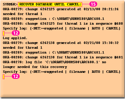 5) The DBA starts to recover the database using cancel-based recovery (11) and when prompted for the log to apply, the DBA just hits Enter to continue (12).