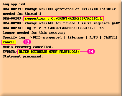 6) When log 482 is prompted, the DBA enters CANCEL to complete the recovery