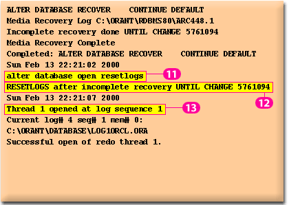 6) The alert log records that you reset the redo log sequence number when you opened the database and the redo log sequence number is set to 1