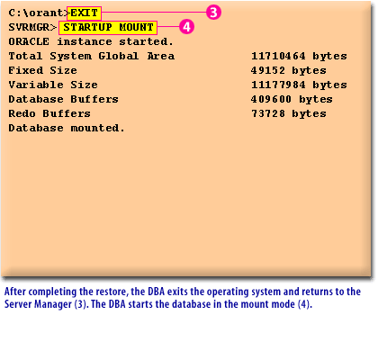 2) After completing the restore, the DBA exits the operating system and returns to the SERVER MANAGER.