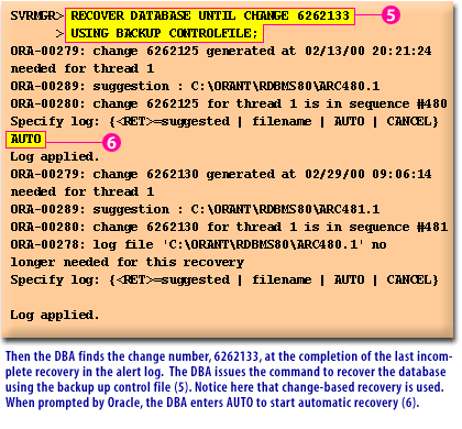 3) Then the DBA finds the change number, 6262122, at the completion of the last incomplete recovery in the alert log.