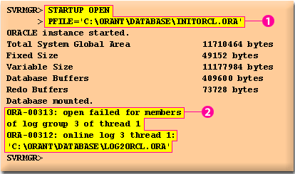 1) Since the database cannot be opened before the damaged online redo log is recreated, the DBA starts the database in the mount mode.