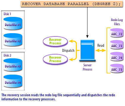 The recovery session reads the redo log file sequentially and dispatches the redo information to the recovery processes