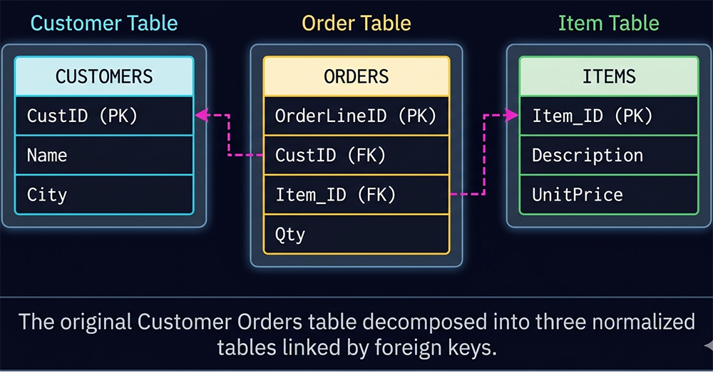 Normalized schema showing Customer, Item, and Order tables linked by foreign keys